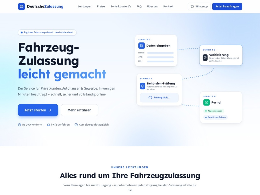 Startseite von deutschezulassung.de mit digitalem Zulassungsprozess in vier Schritten