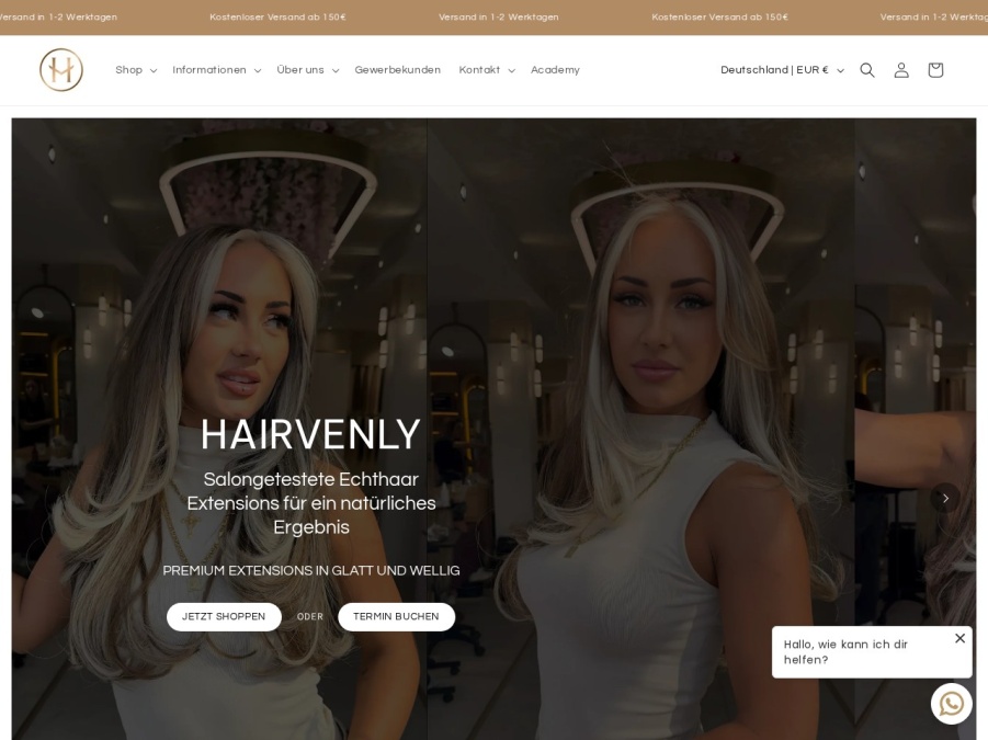 Startseite des Online-Shops hairvenly.de für Echthaar-Extensions