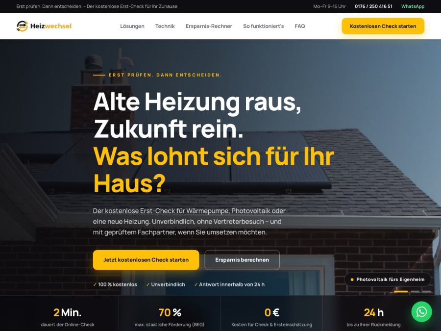 Startseite von heizwechsel.de mit Erst-Check für Heizungsmodernisierung