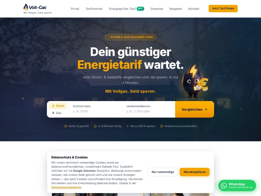 Startseite von volt-gas.de mit Tarifrechner für Strom und Gas